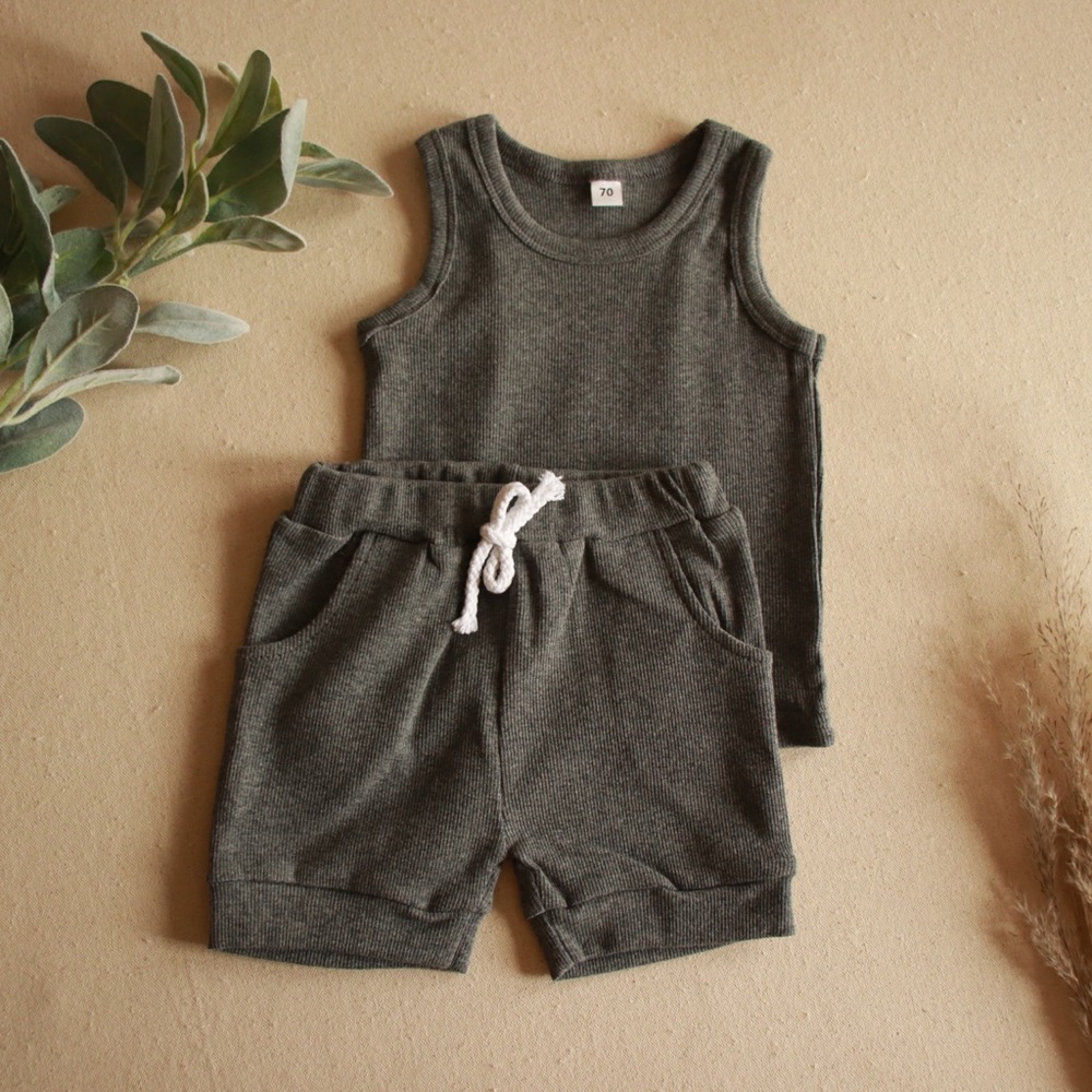 Solid Ribbed Tank Top Short Set Gray Toddler Boy